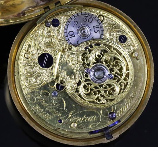 Eardley Norton, London, a George III gold pair-cased keywind cylinder pocket watch, No. 3019, the case dated 1772,